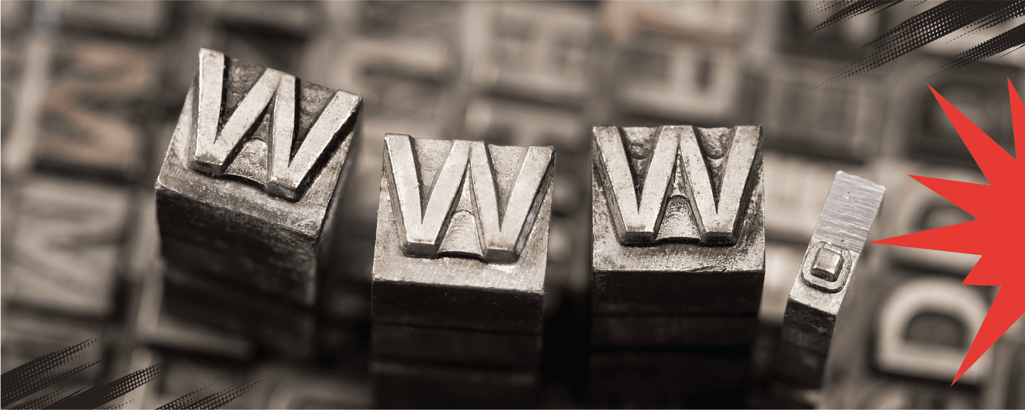 Fotografía de cerca de bloques de imprenta metálicos antiguos formando las letras 'WWW', contrastados con texturas modernas y un gráfico de explosión roja. Ilustra la evolución de las direcciones web tradicionales hacia los enlaces inteligentes (Smart URLs) en el artículo sobre LINK, la plataforma corporativa de Andes Services para acortar URLs y gestionar marketing digital.