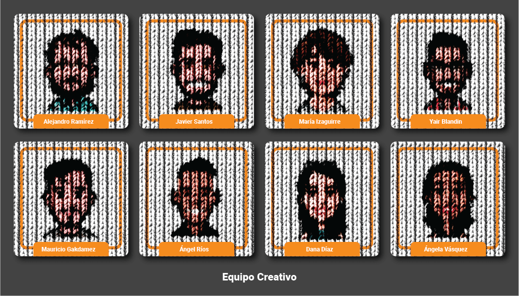 Retrato grupal estilizado estilo pixel art en color de ocho miembros del Equipo Creativo de Andes Development. Nombres de izquierda a derecha, fila superior: Alejandro Ramírez, Javier Santos, María Izaguirre, Yair Blandin; fila inferior: Mauricio Galdamez (corregido de Gakdamez en la imagen), Ángel Ríos, Dana Díaz (resaltada con borde naranja), Ángela Vásquez. Representa la creatividad sin límites para diseño, música, animación y marketing digital sirviendo a Austin y Centroamérica, compartido en el artículo de Acción de Gracias 2024.