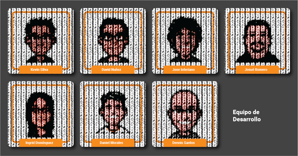 Retrato grupal estilizado estilo pixel art en color de siete miembros del Equipo de Desarrollo de Andes Development. Nombres de izquierda a derecha, fila superior: Kevin Silva, David Nuñez, Jose Interiano, Josué Romero; fila inferior: Ingrid Dominguez, Daniel Morales, Dennis Santos (resaltado con borde naranja). Representa el talento técnico de élite para el desarrollo de software a medida sirviendo a Austin, Texas, y Centroamérica, compartido en el artículo de Acción de Gracias 2024.