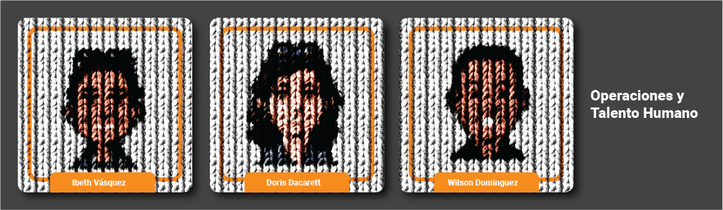 Retrato estilizado estilo pixel art en color de tres miembros del equipo de Operaciones y Talento Humano de Andes Development. Nombres de izquierda a derecha: Ibeth Vásquez, Doris Dacarett (con borde naranja resaltado) y Wilson Dominguez. Representa el soporte estratégico de recursos humanos para los mercados de Austin, Honduras y El Salvador, compartido en el artículo de gratitud por Acción de Gracias 2024.