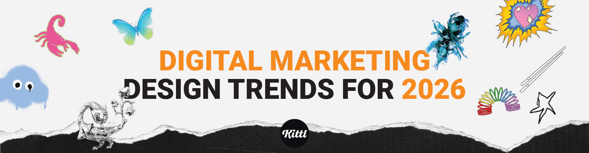 Imagen de cabecera del informe Kittl sobre tendencias de diseño de marketing digital para 2026. Muestra iconos ilustrativos variados como un escorpión de neón, mariposa, átomo, corazón, estrella y resorte, sobre un fondo blanco con un borde inferior rasgado.
