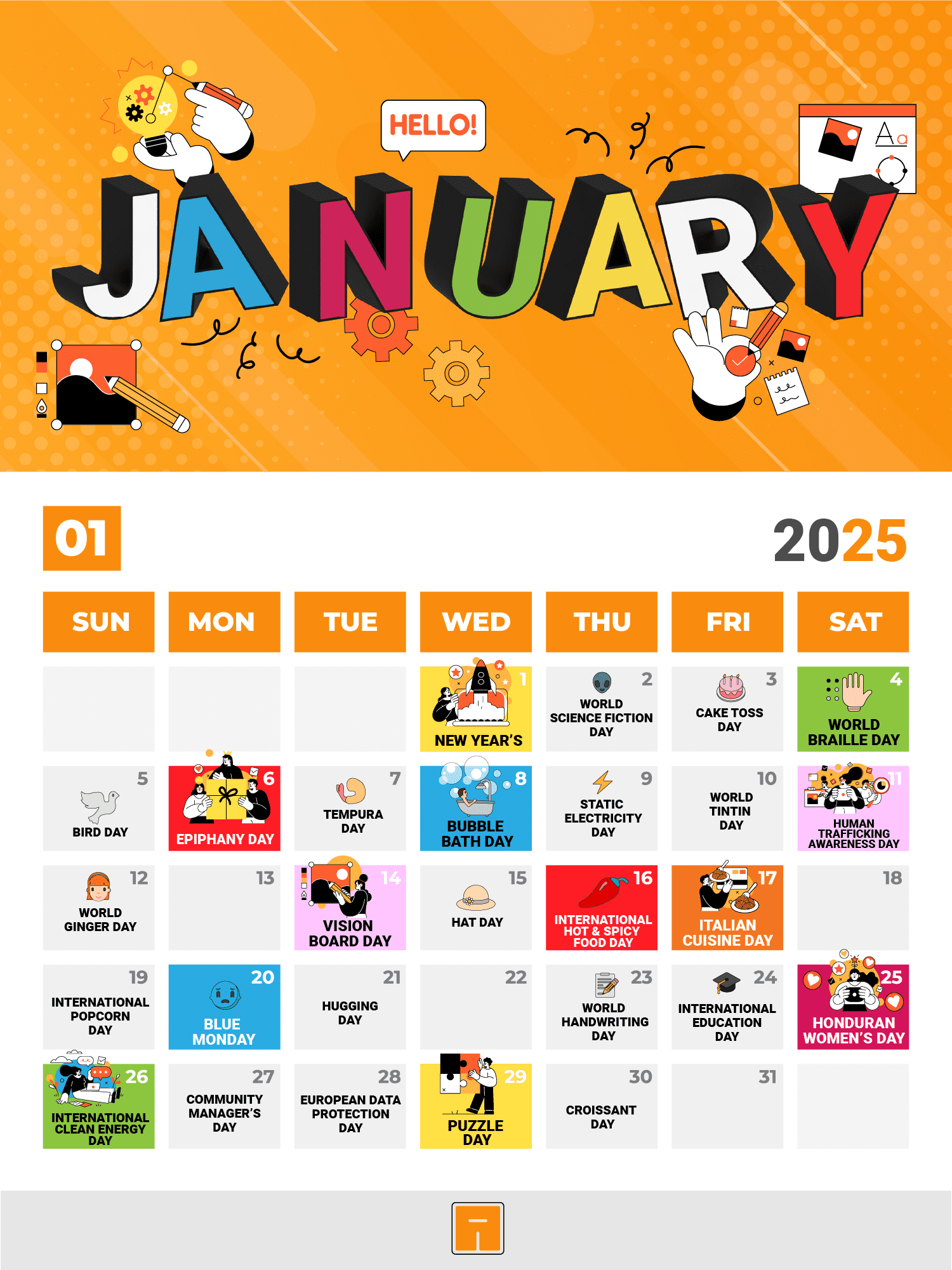 Diseño gráfico de un calendario de marketing para redes sociales de enero de 2025. Presenta una cuadrícula colorida en tonos naranja, azul y rosa con iconos ilustrados y texto detallando días festivos y temáticos para cada día del mes. Título principal "JANUARY" en letras 3D grandes. Incluye ideas de contenido clave como Año Nuevo (New Year's), Día Mundial de la Ciencia Ficción, Blue Monday, Día del Community Manager y Día de la Mujer Hondureña. Una herramienta visual para planificar estrategias de contenido digital. En la parte inferior, el logotipo de LINK.