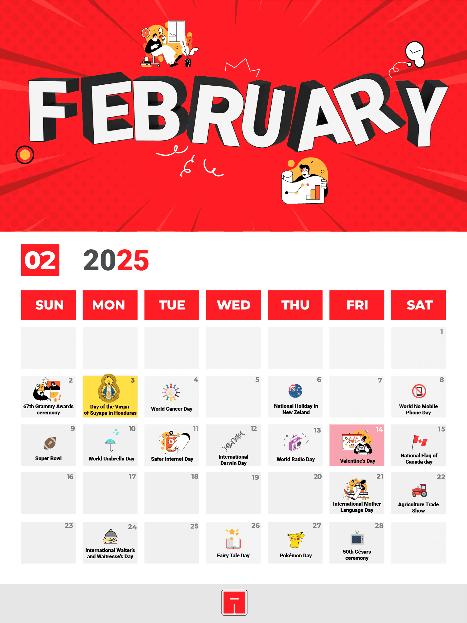 Diseño gráfico de un calendario de marketing para febrero de 2025 en colores rojo y blanco. En la parte superior destaca la palabra FEBRUARY en formato 3D junto a ilustraciones de análisis digital. La cuadrícula del mes detalla fechas estratégicas para campañas con iconos representativos, destacando eventos como los Premios Grammy, el Día de la Virgen de Suyapa, el Super Bowl, San Valentín y el Día de Pokémon.