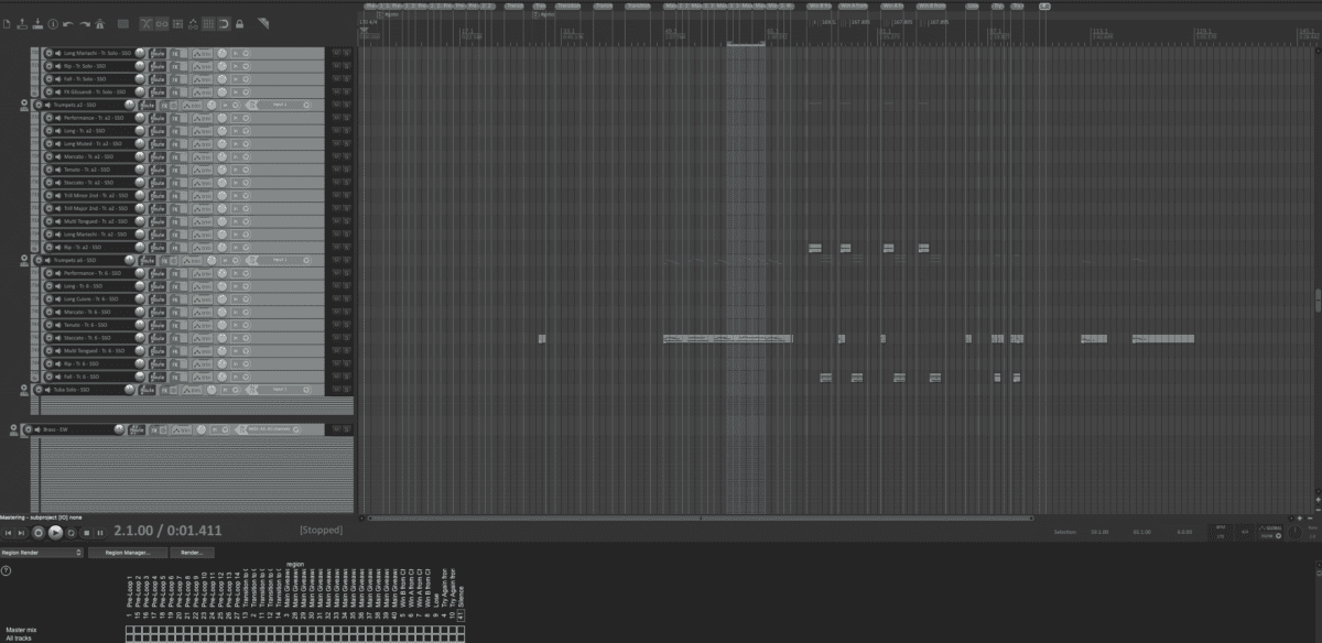 Proyecto de composición musical en un software de audio (DAW) mostrando múltiples pistas e instrumentos de viento para la banda sonora interactiva del juego promocional, organizada estratégicamente mediante regiones de loop.
