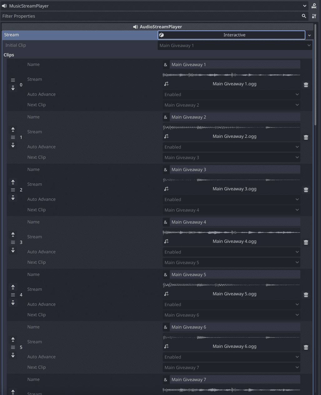 Panel del inspector en Godot Engine detallando la configuración nativa del AudioStreamPlayer con múltiples clips interactivos secuenciales, diseñado para adaptar la música en tiempo real según las acciones del jugador.