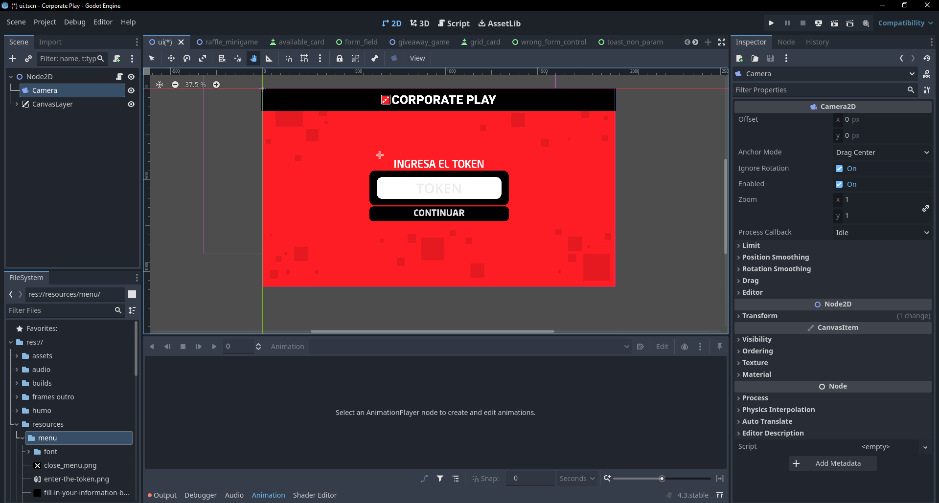 Desarrollo de la interfaz de usuario en Godot Engine para la plataforma Corporate Play, mostrando la pantalla principal en rojo y negro donde los participantes ingresan su token de activación para iniciar el juego.