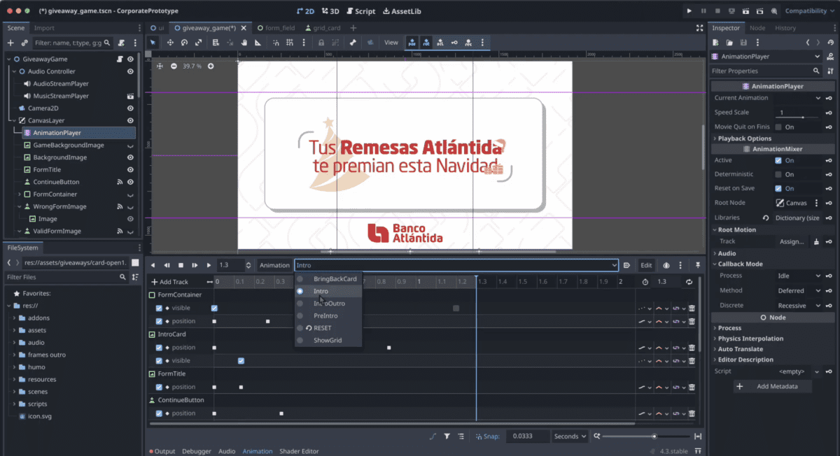 Interfaz del motor gráfico Godot Engine mostrando el desarrollo del juego interactivo para Banco Atlántida, destacando el panel de animación y el diseño visual de la campaña de remesas navideñas.