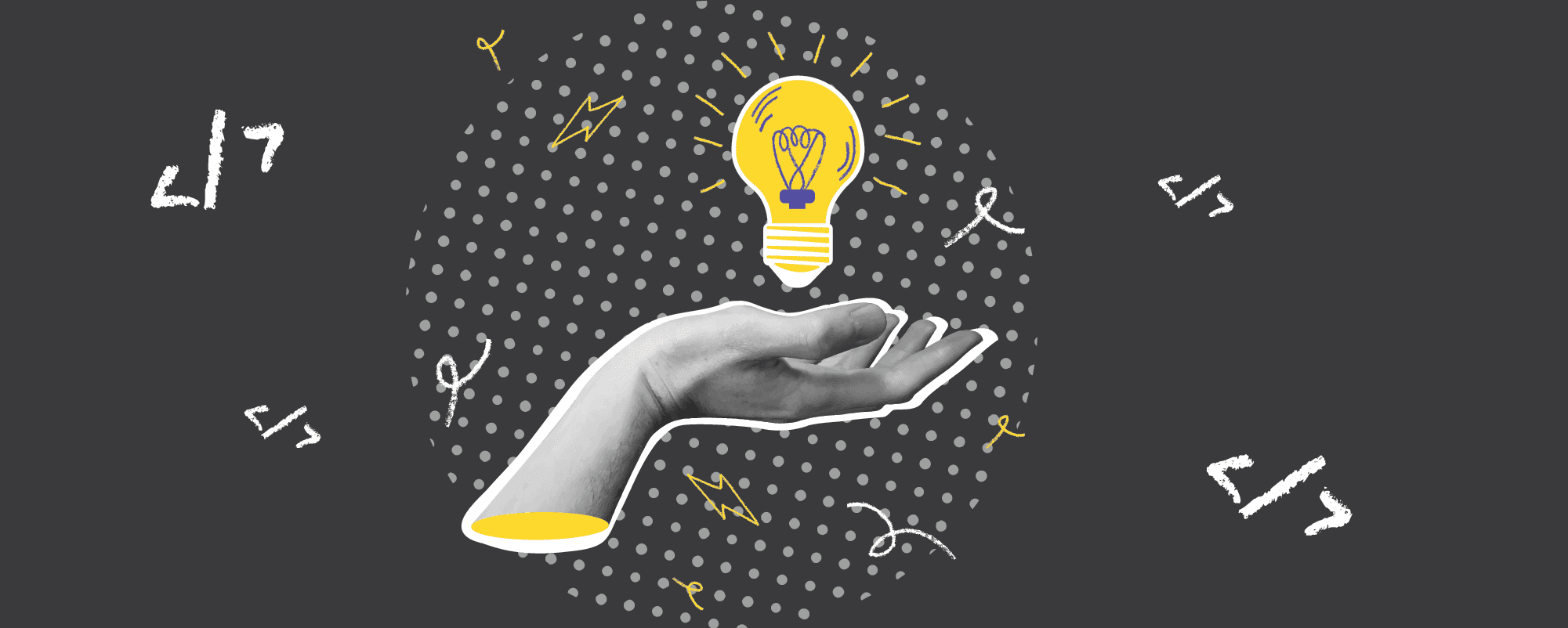 Ilustración conceptual de una mano sosteniendo una bombilla encendida rodeada de símbolos de código fuente '</>'. Representa la creación de ideas tecnológicas innovadoras y soluciones de software a medida (Custom Software) desarrolladas por Andes Development para potenciar la eficiencia empresarial.