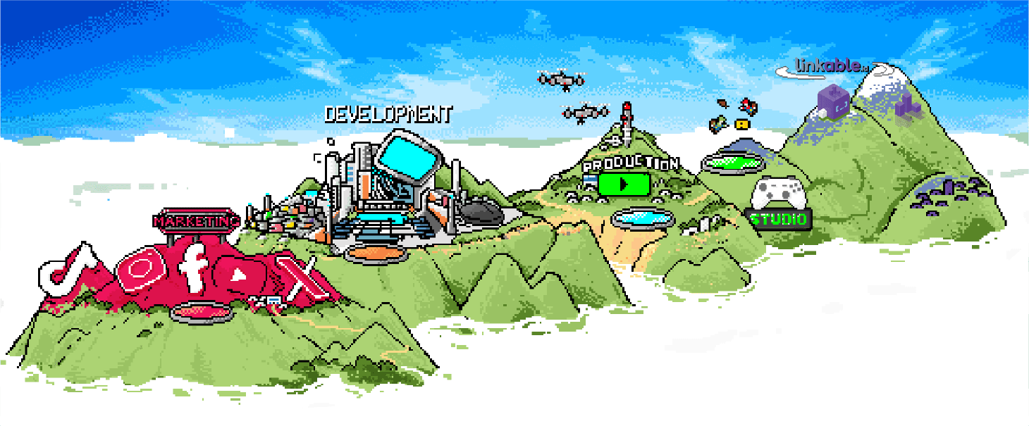 Mapa conceptual de nivel en pixel art que ilustra el ecosistema backend, de producción, de estudio y de marketing para linkable.id. El mapa de estilo de videojuego de la vieja escuela muestra islas interconectadas etiquetadas para cada etapa, incluyendo un laboratorio de computadoras de 'DEVELOPMENT' (Desarrollo), una plataforma de lanzamiento de cohetes 'PRODUCTION' (Producción), un hub de 'STUDIO' (Estudio) de creatividad con un controlador de juego, y una colina de 'MARKETING' (Marketing) con el logo de 'ofox'. El pico de la montaña superior supervisa todo como 'linkable.id'.