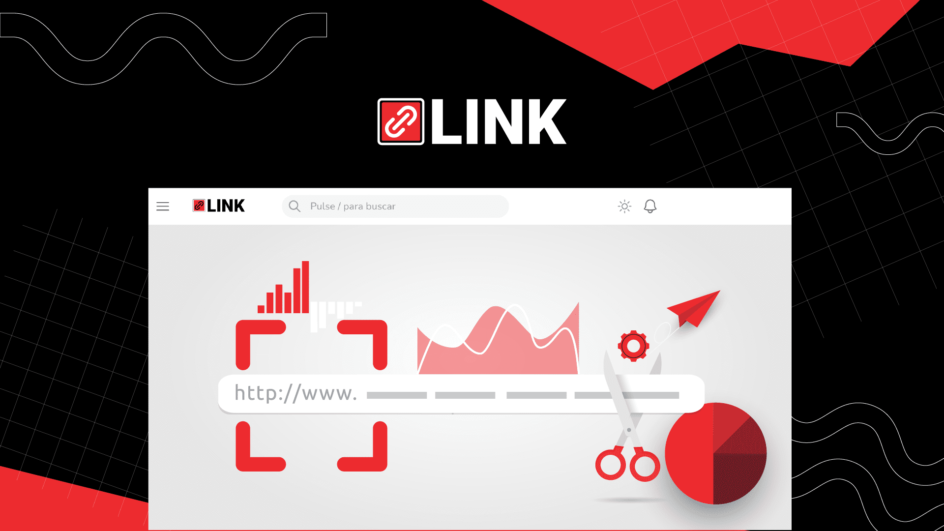 Ilustración conceptual técnica que muestra el "Detrás de escena" del ecosistema digital de la plataforma LINK. En el centro, una URL larga (http://www.) se corta con unas tijeras para transformarse dinámicamente en un código QR rastreable con un gráfico de barras de rendimiento. El gráfico se complementa con analíticas de gráficos de ondas y circulares, un avión de papel y una captura de pantalla de la interfaz de LINK que muestra métricas de "Hits" y detalles de analíticas, todo sobre un fondo oscuro con patrones geométricos rojos. Este gráfico ilustra la transformación de enlaces a QRs dinámicos con branding y rastreo para campañas de marketing.