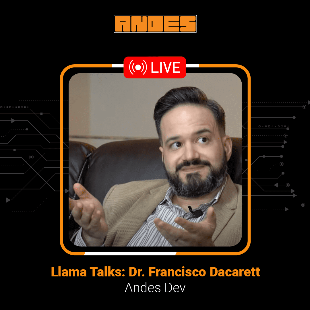 Captura de pantalla de la transmisión en vivo del programa 'Llama Talks' presentando una entrevista con el Dr. Francisco Dacarett para Andes Dev. Ejemplifica los servicios de producción de contenido audiovisual remoto y streaming corporativo que Andes ofrece para estrategias de marketing de contenidos y liderazgo de opinión.