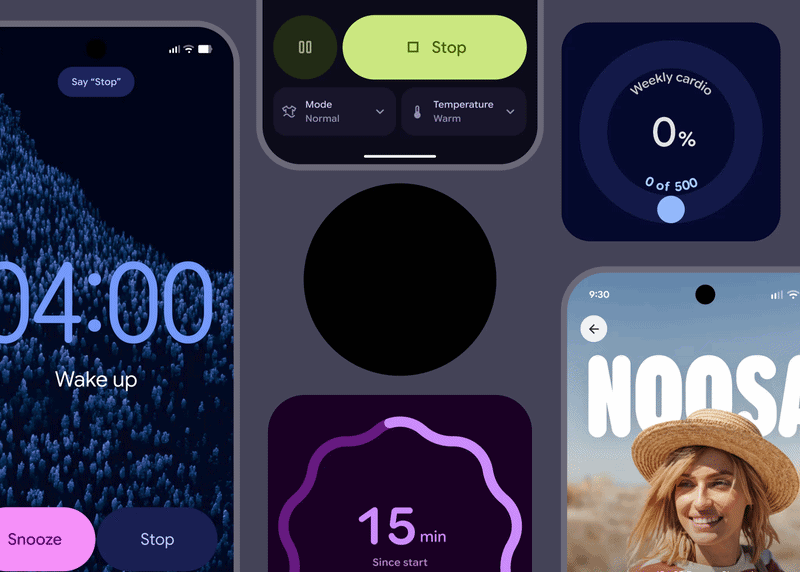 Animación de múltiples interfaces de usuario (pantallas móviles, widgets de clima, reloj y fitness) utilizando la tipografía Google Sans Flex. Demuestra la legibilidad inteligente y la precisión de la fuente variable adaptándose a diferentes tamaños y aplicaciones digitales.