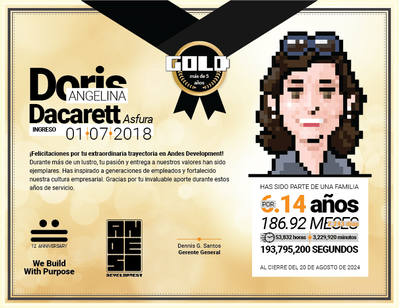 Diploma del Premio Gold entregado a Doris Angelina Dacarett por sus más de 6 años de valiosa trayectoria y dedicación en Andes Development. Presenta su retrato en estilo pixel art celebrando el 12º aniversario de la agencia bajo el lema 'We Build With Purpose'.