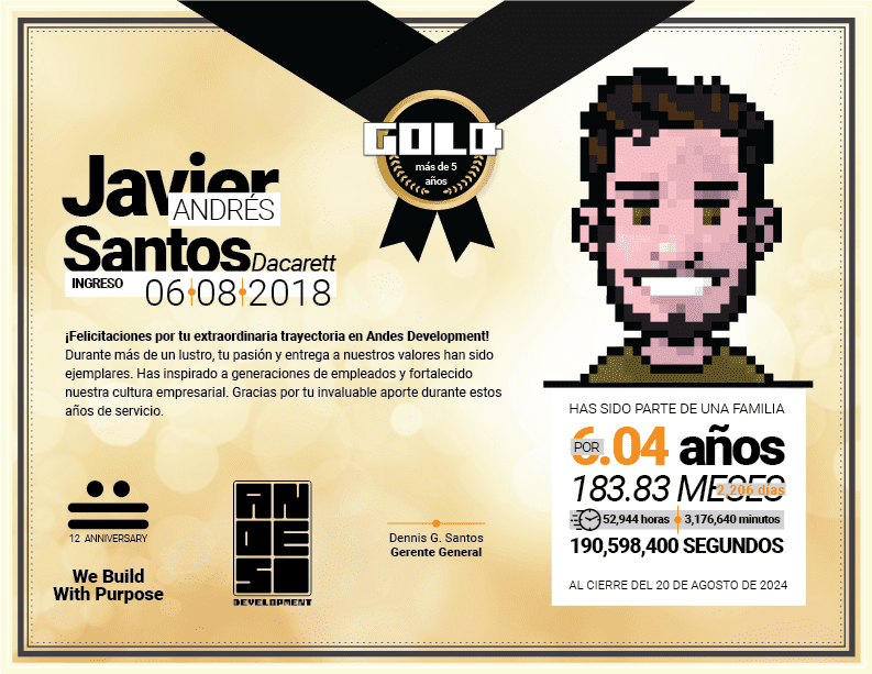 Diploma del Premio Gold otorgado a Javier Andrés Santos por sus más de 6 años de extraordinaria trayectoria y aporte creativo en Andes Development. Muestra su avatar en pixel art y la insignia del 12º aniversario corporativo.