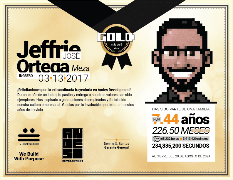 Diploma del Premio Gold otorgado a Jeffrie José Ortega Meza por su extraordinaria trayectoria de más de 7 años en Andes Development. El diseño incluye su avatar en pixel art, celebrando el 12º aniversario corporativo bajo el lema 'We Build With Purpose'.