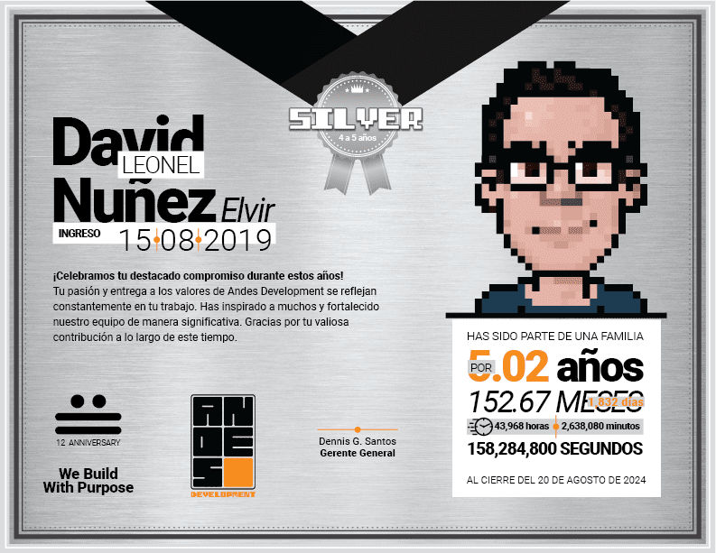 Diploma del Premio Silver entregado a David Leonel Nuñez Elvir por sus 4 a 5 años de dedicación técnica en Andes Development. Presenta su avatar personalizado en estilo pixel art celebrando el 12º aniversario de la empresa tecnológica.