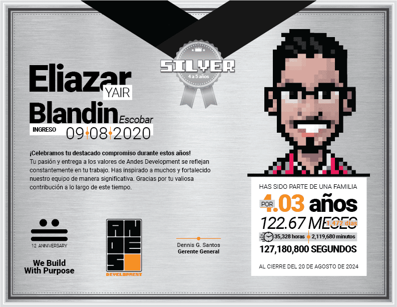 Diploma del Premio Silver otorgado a Eliazar Yair Blandin Escobar por sus 4 a 5 años de excelente desempeño creativo en Andes Development. Incluye su avatar en pixel art y conmemora los 12 años de trayectoria de la agencia.