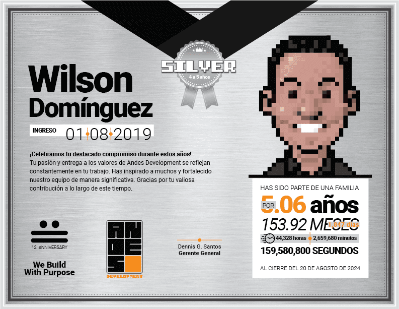 Diploma del Premio Silver otorgado a Wilson Domínguez por su compromiso y 4 a 5 años de trayectoria en Andes Development. Incluye su retrato ilustrado en pixel art y el sello conmemorativo del 12º aniversario.