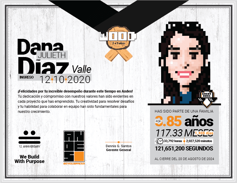 Diploma del Premio Wood otorgado a Dana Julieth Díaz Valle (identificada con el pin 'Great Boss') por sus 2 a 3 años de liderazgo en Andes Development. Presenta su avatar en pixel art en el marco del 12º aniversario.