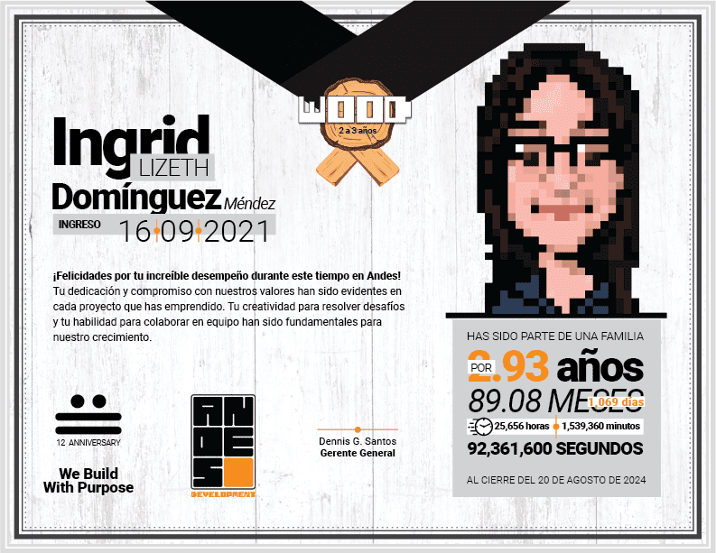 Diploma del Premio Wood otorgado a Ingrid Lizeth Domínguez Méndez por su compromiso y 2 a 3 años de trayectoria técnica en Andes Development. Incluye su retrato ilustrado en pixel art y el sello conmemorativo del 12º aniversario.