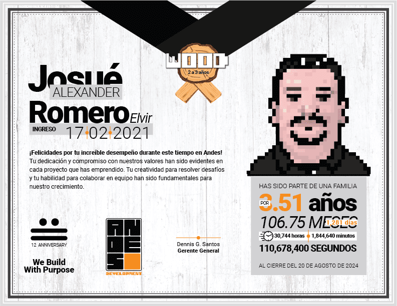Diploma del Premio Wood otorgado a Josué Alexander Romero Elvir por sus 2 a 3 años de excelente desempeño en Andes Development. Incluye su avatar en pixel art y conmemora los 12 años de trayectoria de la agencia.