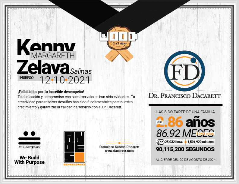 Diploma del Premio Wood otorgado a Kenny Margareth Zelaya Salinas por sus 2 a 3 años de servicio en Andes Development, destacando su labor dedicada para el cliente Dr. Francisco Dacarett. Muestra los logotipos corporativos y el sello del 12º aniversario.