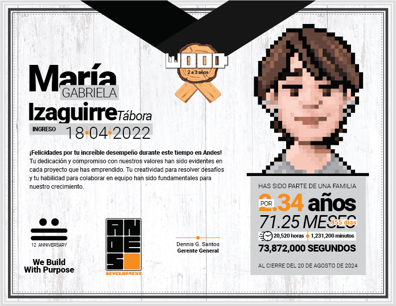 Diploma del Premio Wood otorgado a María Gabriela Izaguirre Tábora por sus 2 a 3 años de trayectoria creativa en Andes Development. El diseño incluye su avatar en pixel art y celebra el 12º aniversario de la agencia bajo el lema 'We Build With Purpose'.