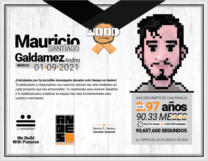 Diploma del Premio Wood otorgado a Mauricio Santiago Galdamez Andino, reconociendo sus 2 a 3 años de innovación en Andes Development. Muestra su retrato en pixel art y la insignia del 12º aniversario corporativo.