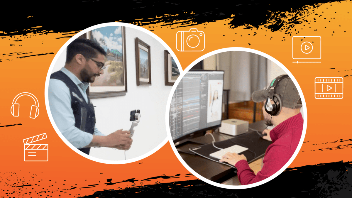 Detrás de escena de la producción de videos para redes sociales en Andes. A la izquierda, un videógrafo graba tomas fluidas utilizando un iPhone Pro y un estabilizador móvil (gimbal). A la derecha, un editor profesional trabaja en la postproducción de video. Ilustra el flujo de trabajo ágil y profesional para crear contenido digital de alto impacto.