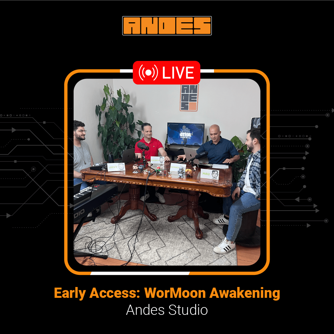 Producción en vivo desde Andes Studio para el evento 'Early Access: WorMoon Awakening'. Muestra a miembros del equipo (incluyendo a Javier Santos y Dennis Santos) en una configuración de podcasting y streaming con micrófonos profesionales, monitores y teclados musicales. Demuestra la infraestructura técnica de la agencia para transmisiones interactivas y lanzamientos de productos digitales.