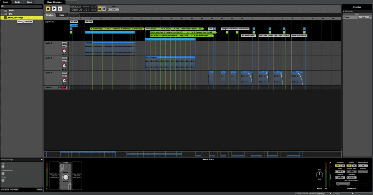 Interfaz del software especializado FMOD Studio mostrando la configuración original del audio dinámico y las lógicas de transición, herramienta que el equipo evaluó y luego adaptó directamente a las herramientas nativas de Godot para soportar juegos web.