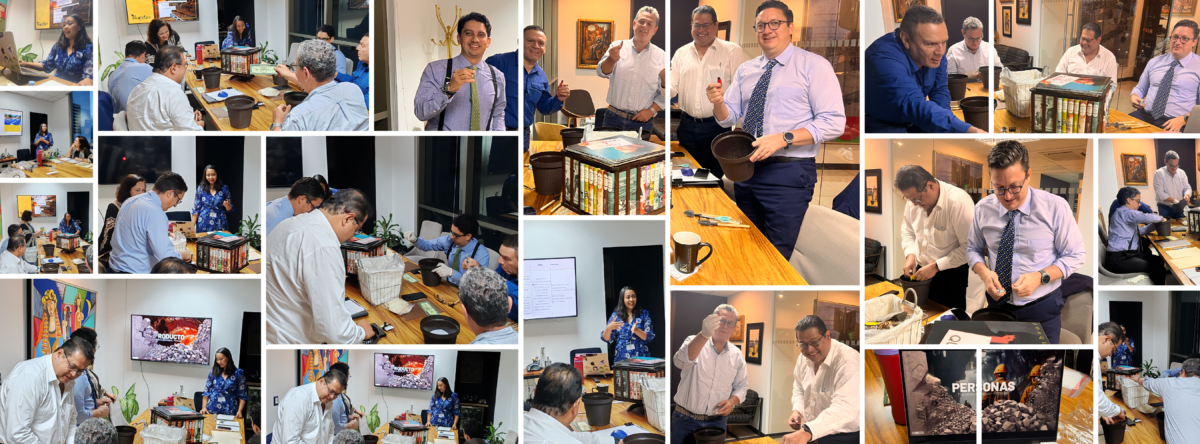 Collage fotográfico de un taller de planificación estratégica colaborativa para los años 2025-2030. Muestra a gerentes y socios de la empresa Proteger sonriendo e interactuando en una actividad práctica de 'minería' de ideas, liderada por consultores de Andes Development. Las pantallas del fondo muestran conceptos clave de crecimiento integrados en la temática de la mina de oro.