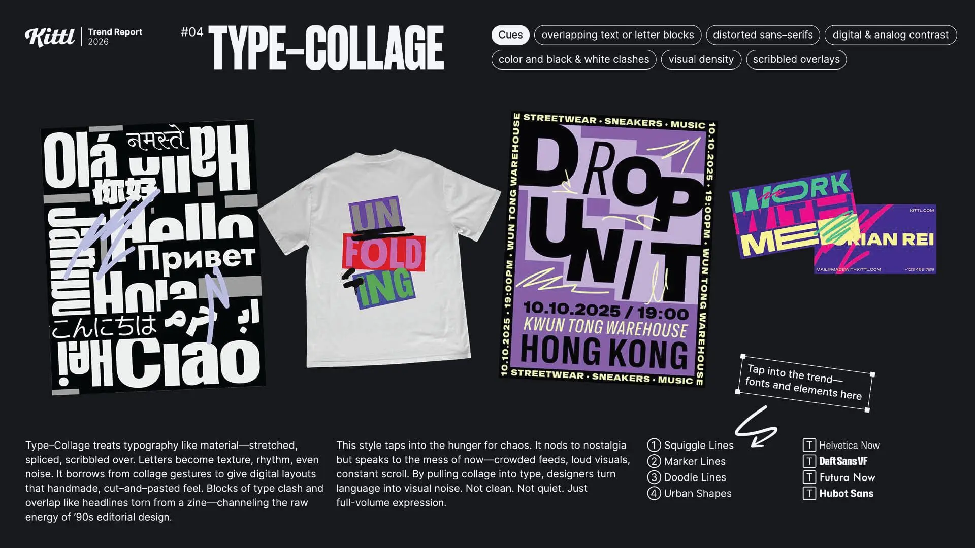 Infografía de la tendencia nº4, 'Collage Tipográfico' (Type-Collage), para 2026. Muestra ejemplos de mashups tipográficos densos en pósters con saludos traducidos y camisetas con bloques de palabras coloridas y apiladas como 'UN FOLD ING' y 'DROP UNIT'.