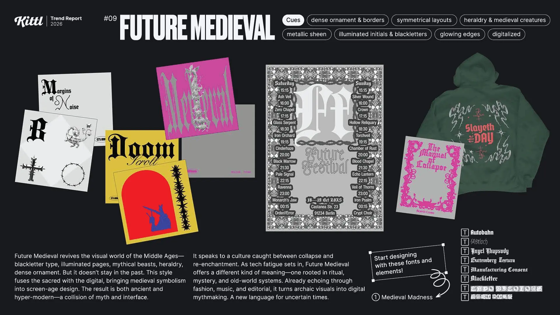 Infografía de la tendencia nº9, 'Futuro Medieval', para 2026. Muestra varios ejemplos de diseño que combinan estética gótica y futurista con tipografía blackletter, heráldica y ornamentos en logotipos como 'Margins of Noise' y 'Doom Scroll', invitaciones de 'FF Future Festival' y sudaderas de 'Slayeth Day'.