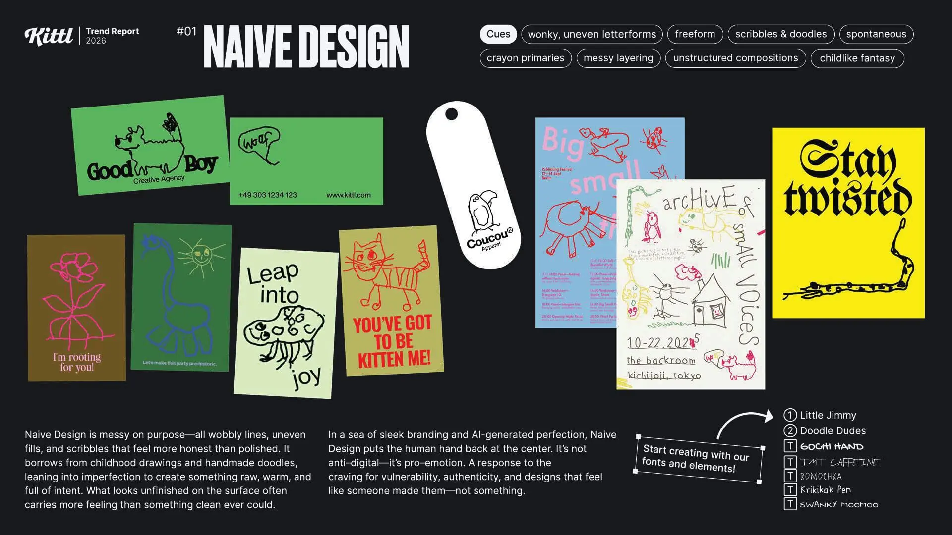 Infografía de la tendencia nº1, 'Diseño Ingenuo' (Naive Design), para 2026. Muestra múltiples ejemplos de diseño con ilustraciones infantiles y líneas irregulares en tarjetas de visita, camisetas, etiquetas y folletos, como 'Good Boy Creative Agency' y 'You've Got To Be Kitten Me!'.