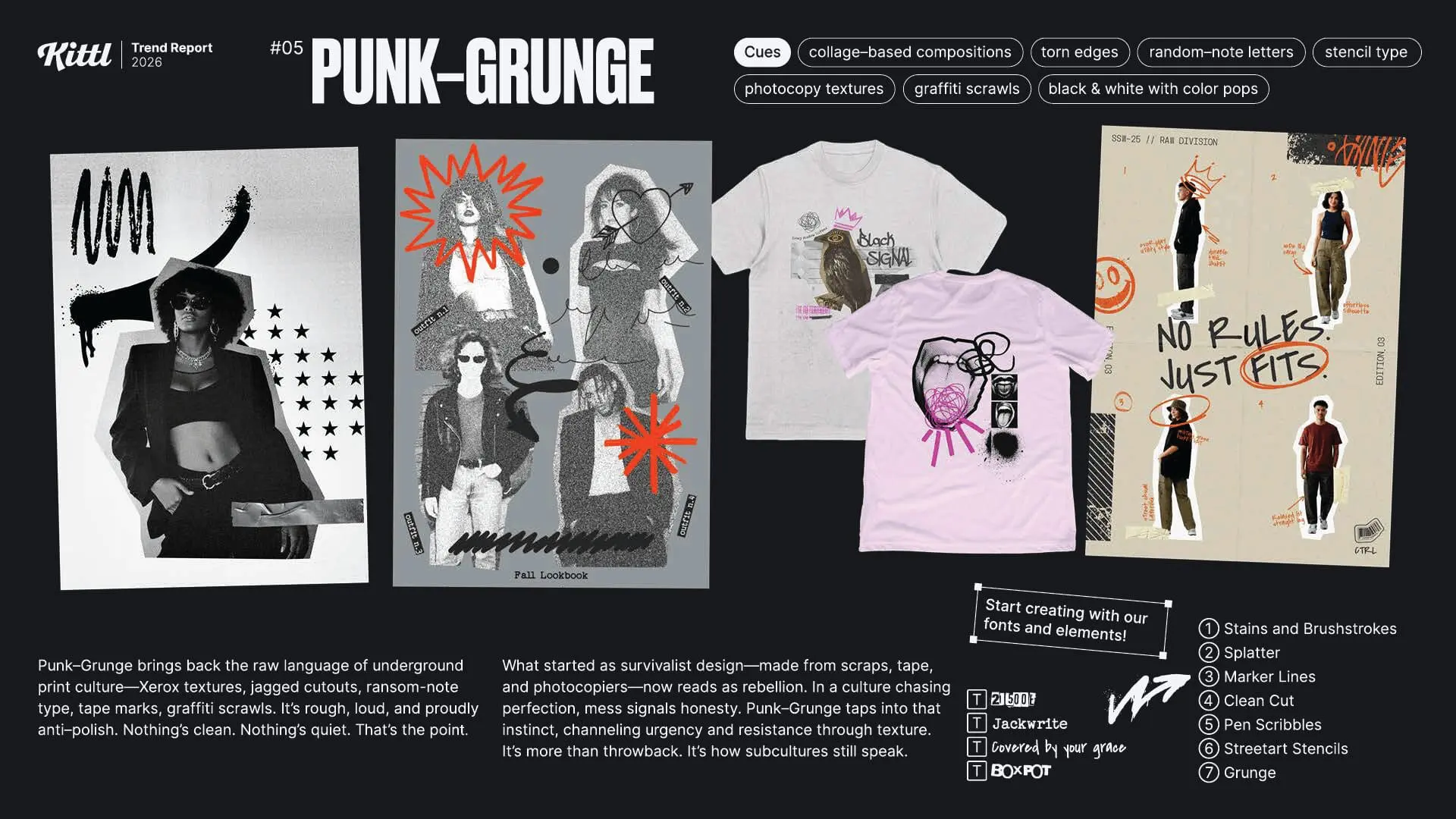 Infografía de la tendencia nº5, 'Punk-Grunge', para 2026. Muestra ejemplos de diseño de estilo collage y granulado con texturas Xerox, tipografía distorsionada y garabatos en pósters de blanco y negro y camisetas de 'Fall Lookbook' y 'No Rules Just Fits'.