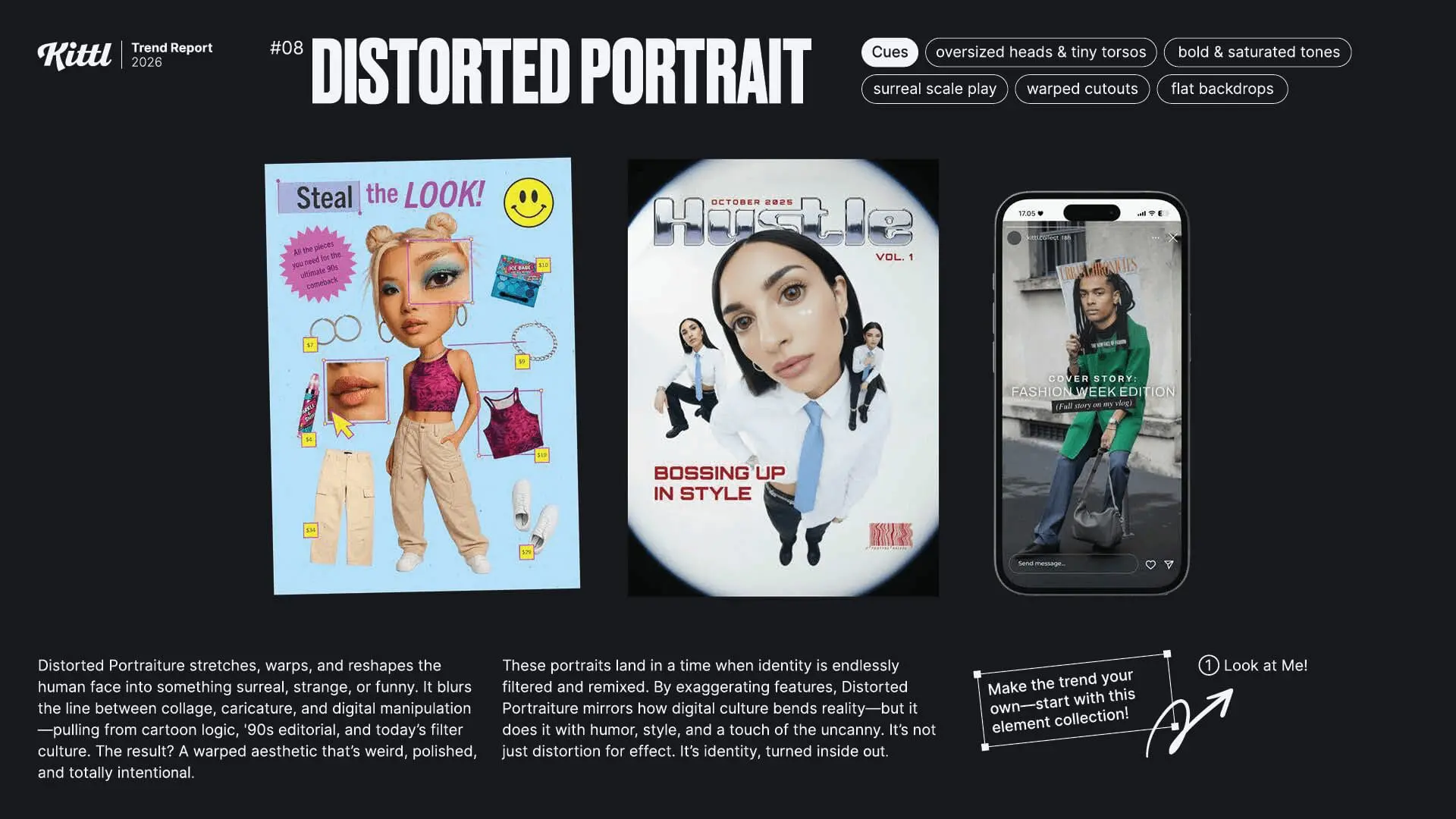 Infografía de la tendencia nº8, 'Retrato Distorsionado', para 2026. Muestra ejemplos de surrealismo y subversión expresiva en portadas de revistas con caricaturas faciales y múltiples cabezas flotantes, y publicaciones de redes sociales con figuras distorsionadas, como 'Steal the LOOK!' y 'Bossing Up IN STYLE'.