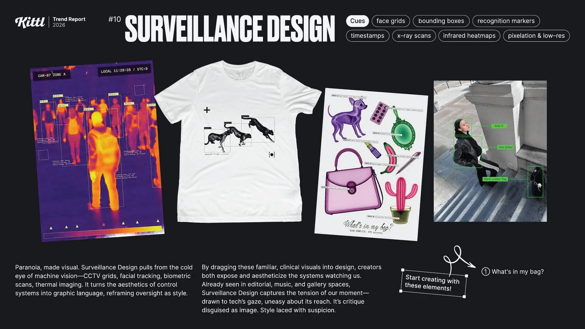 Infografía de la tendencia nº10, 'Diseño de Vigilancia', para 2026. Muestra ejemplos de la estética de control como tomas de cámara térmica con detección de personas, camisetas con logotipos de jaguars y cajas delimitadoras, e ilustraciones detalladas de bolsos con etiquetas de componentes ('What's in my bag?').