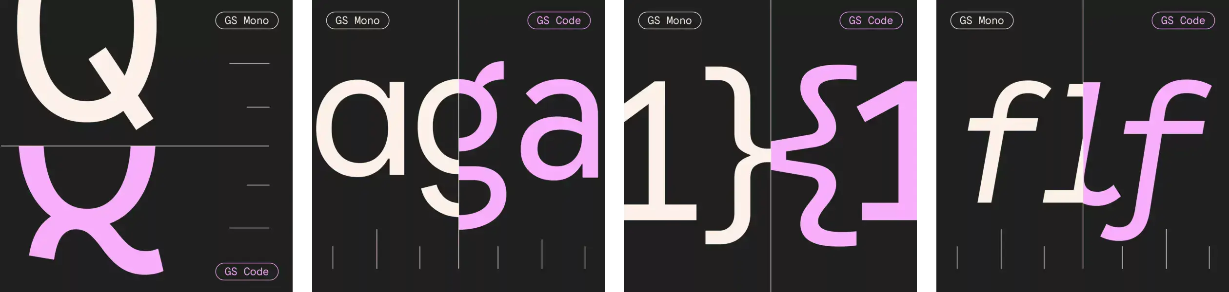 Gráfico técnico comparando las proporciones de letras y símbolos en las variantes GS Mono y GS Code de Google Sans. Ilustra el control granular sobre el ancho y grosor de los caracteres que tienen los desarrolladores al utilizar esta familia tipográfica estructurada.